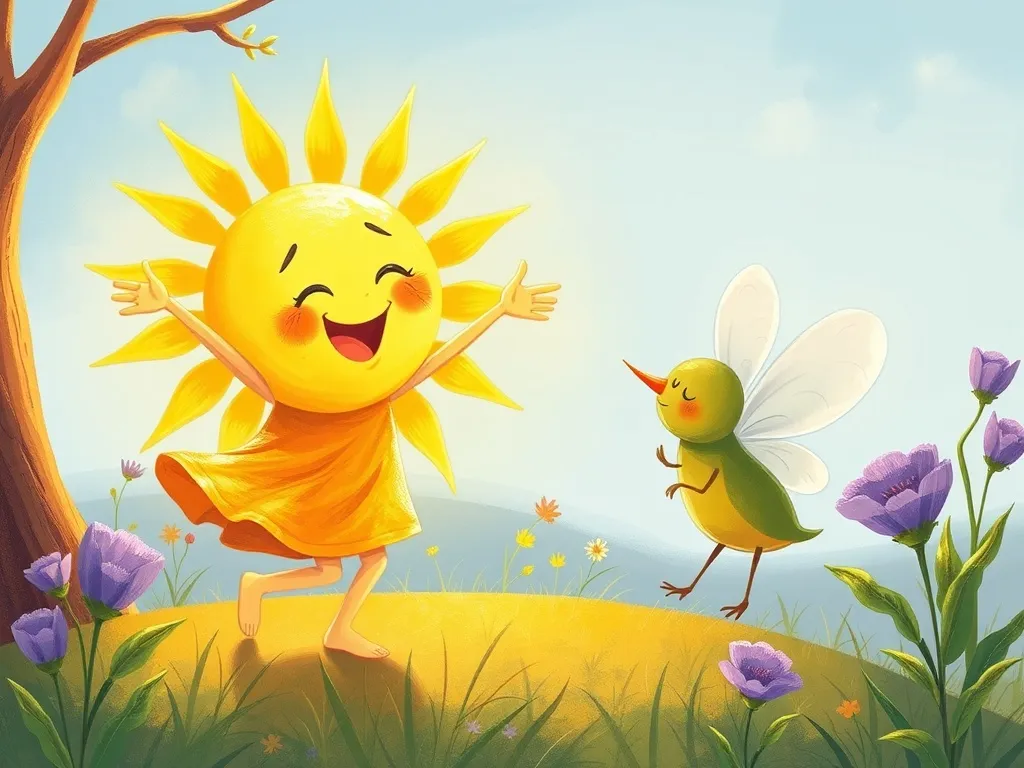 Sunny's Dance with the Wind - Sunny dancing joyfully while violet hums nearby