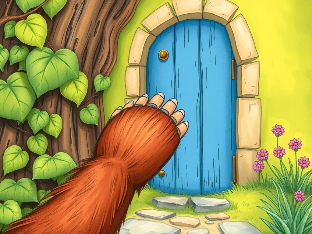 The Badger Who Kept Secrets - Bramble's trembling paw reaches toward the blue door
