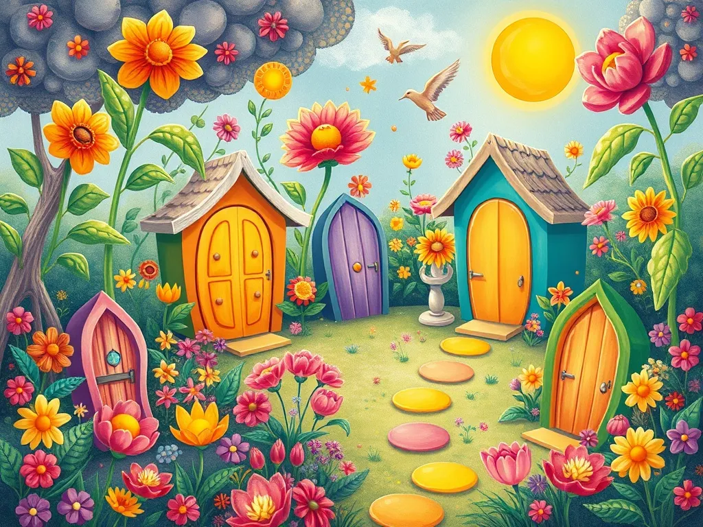 The Badger Who Kept Secrets - Magical garden filled with colorful doors growing like flowers