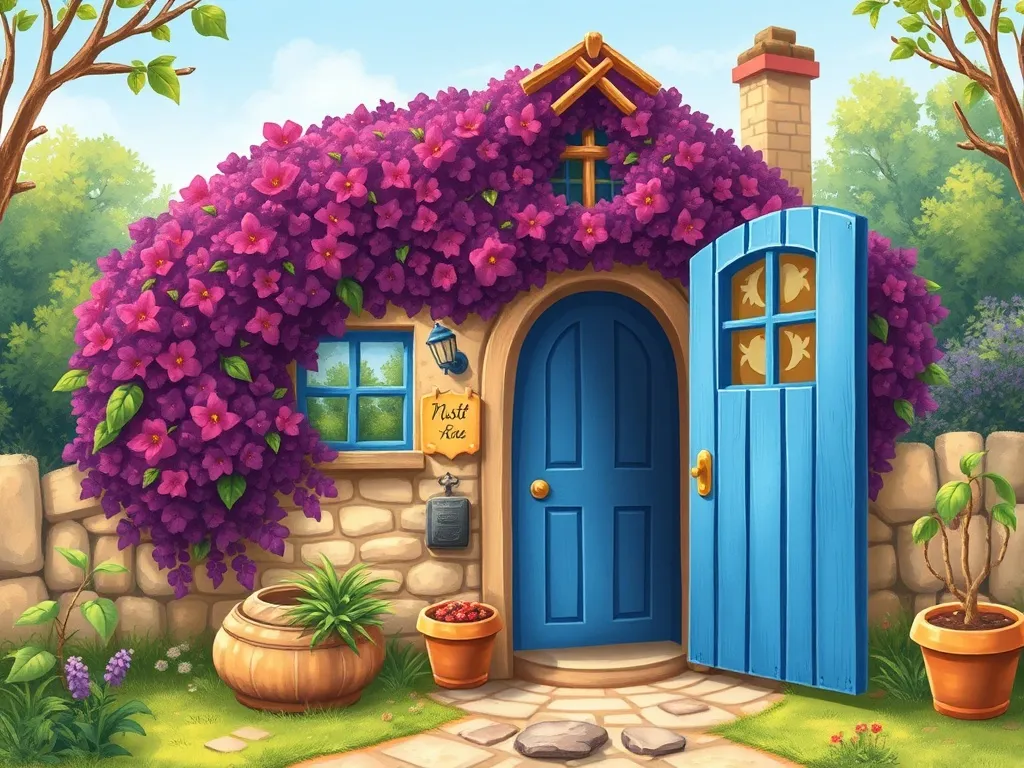 The Badger Who Kept Secrets - Bramble welcomes travelers to his cottage with the blue door open behind him