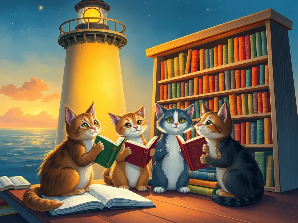 The Beach Bear's Midnight Library Adventure - Cats arranging glowing books in lighthouse library