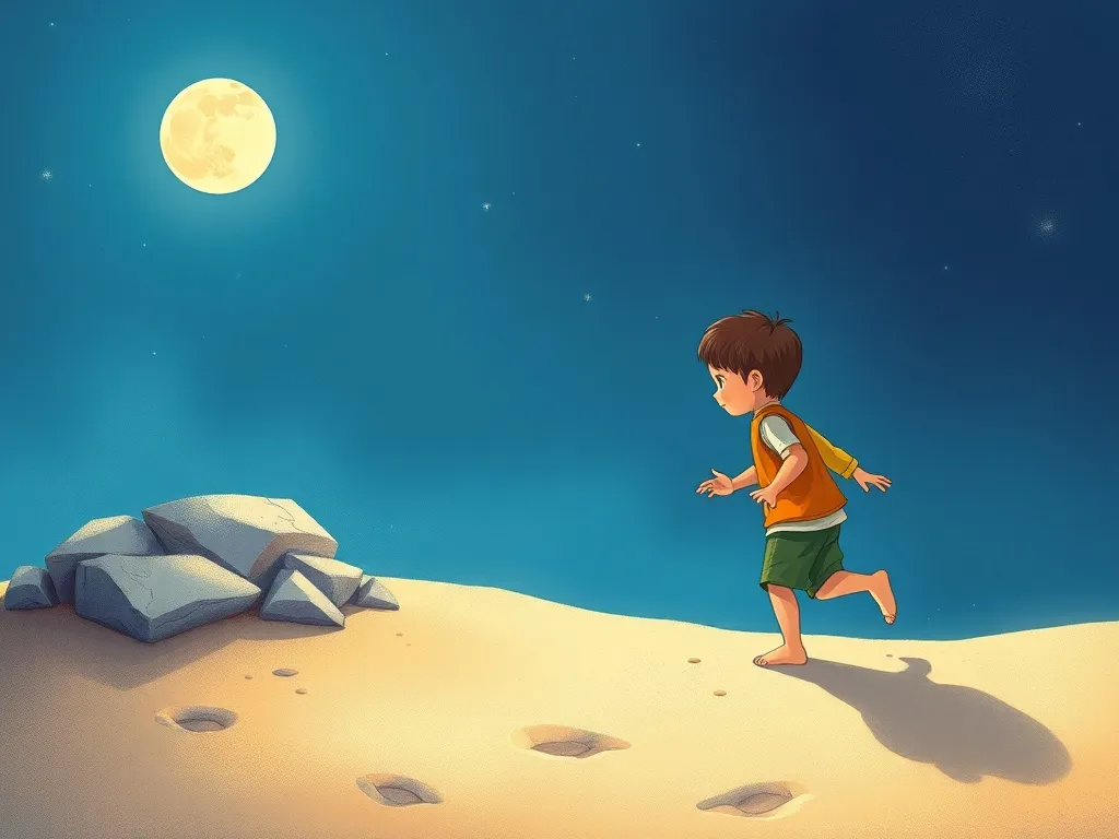 The Beach Bear's Midnight Library Adventure - Theo taking first tentative steps on moonlit sand