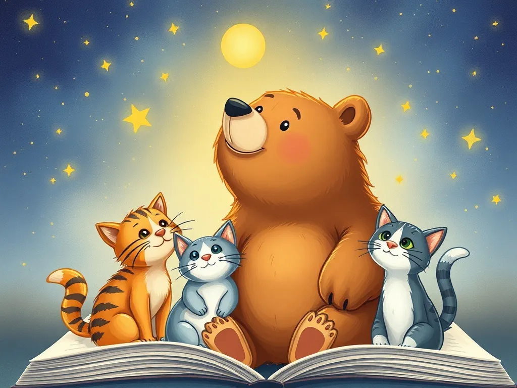 The Beach Bear's Midnight Library Adventure - Bear and cats stargazing between book pages