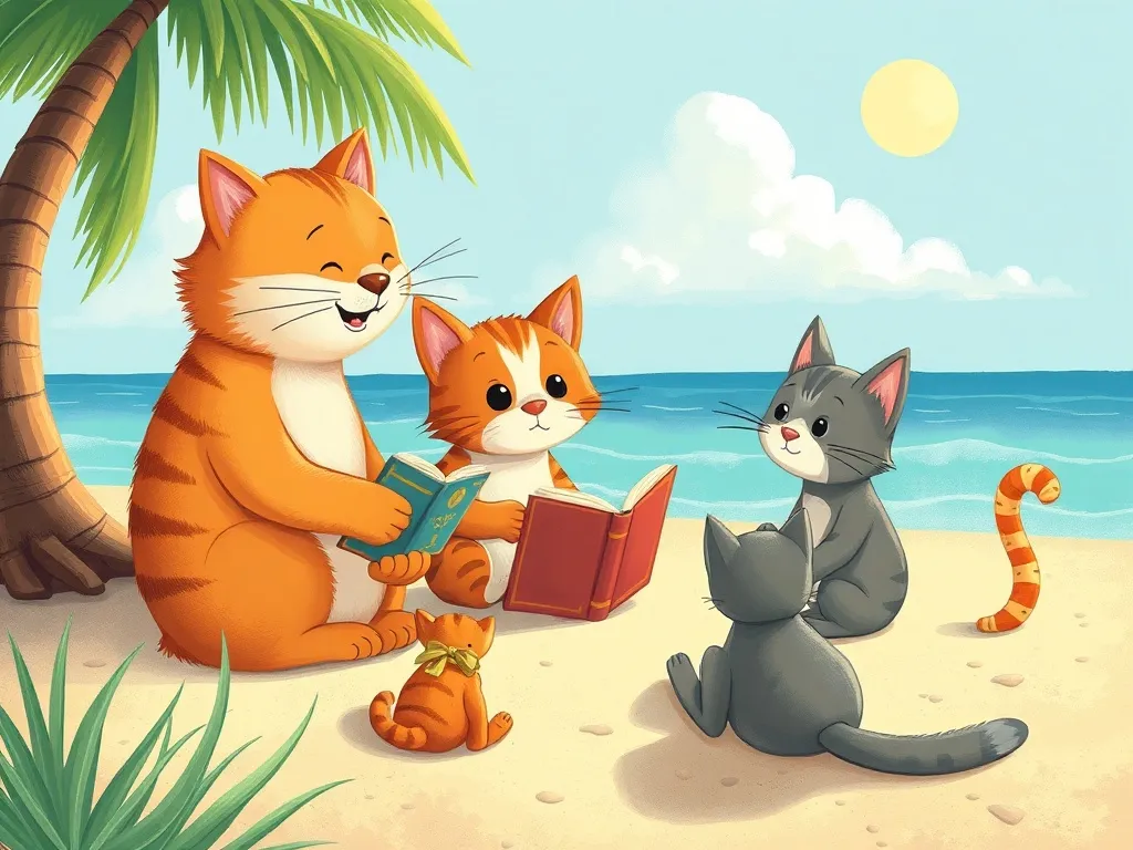 The Beach Bear's Midnight Library Adventure - Theo helping cats arrange beach reading circle