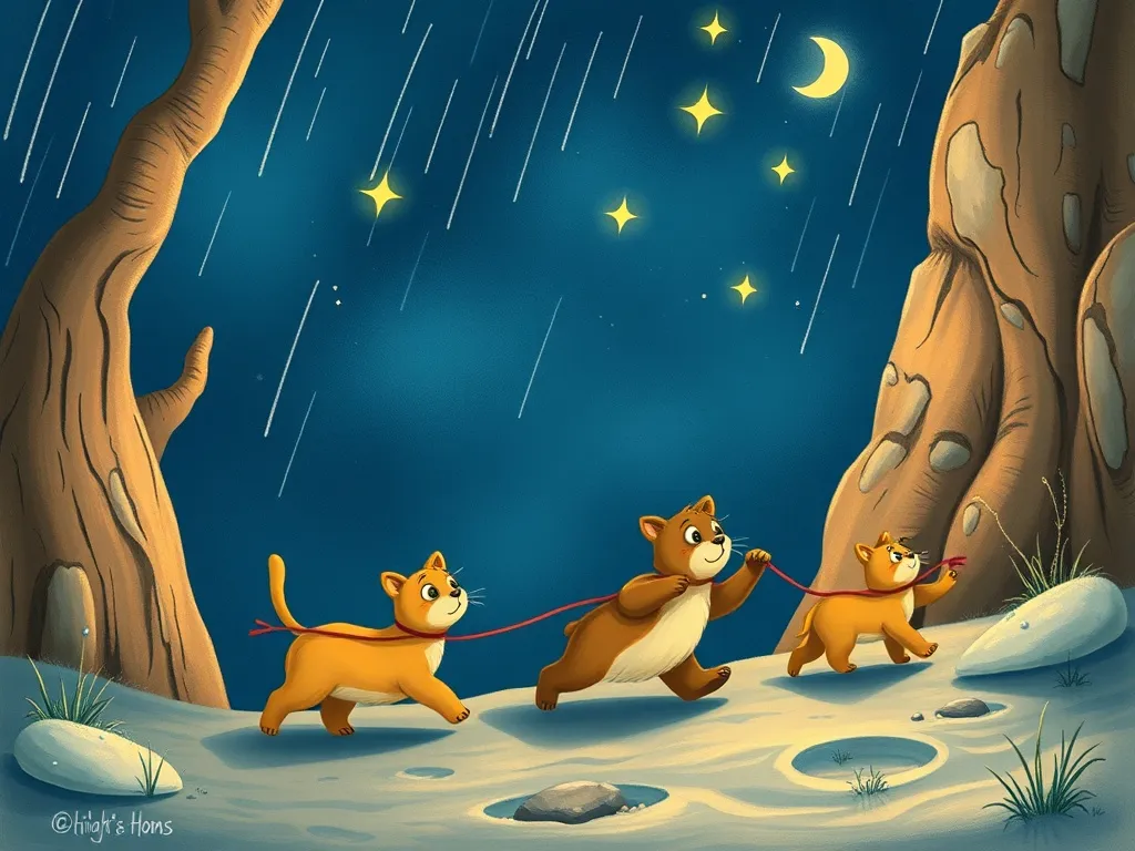 The Beach Bear's Midnight Library Adventure - Bear leading cats by starlight in windy weather