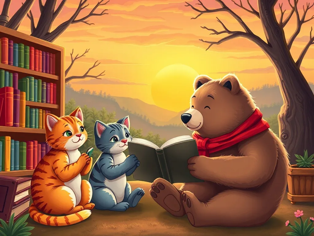 The Beach Bear's Midnight Library Adventure - Library cats and bear sharing stories at sunrise