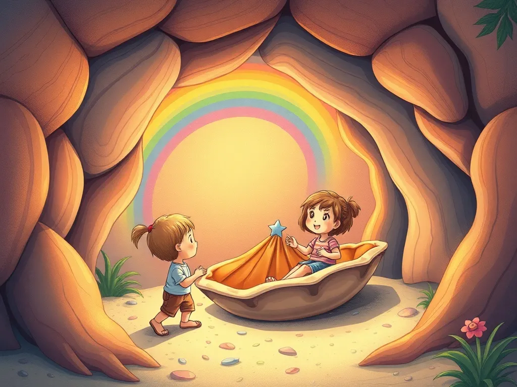 The Beach Explorer's Question Quest - Children discovering mysterious rainbow shell