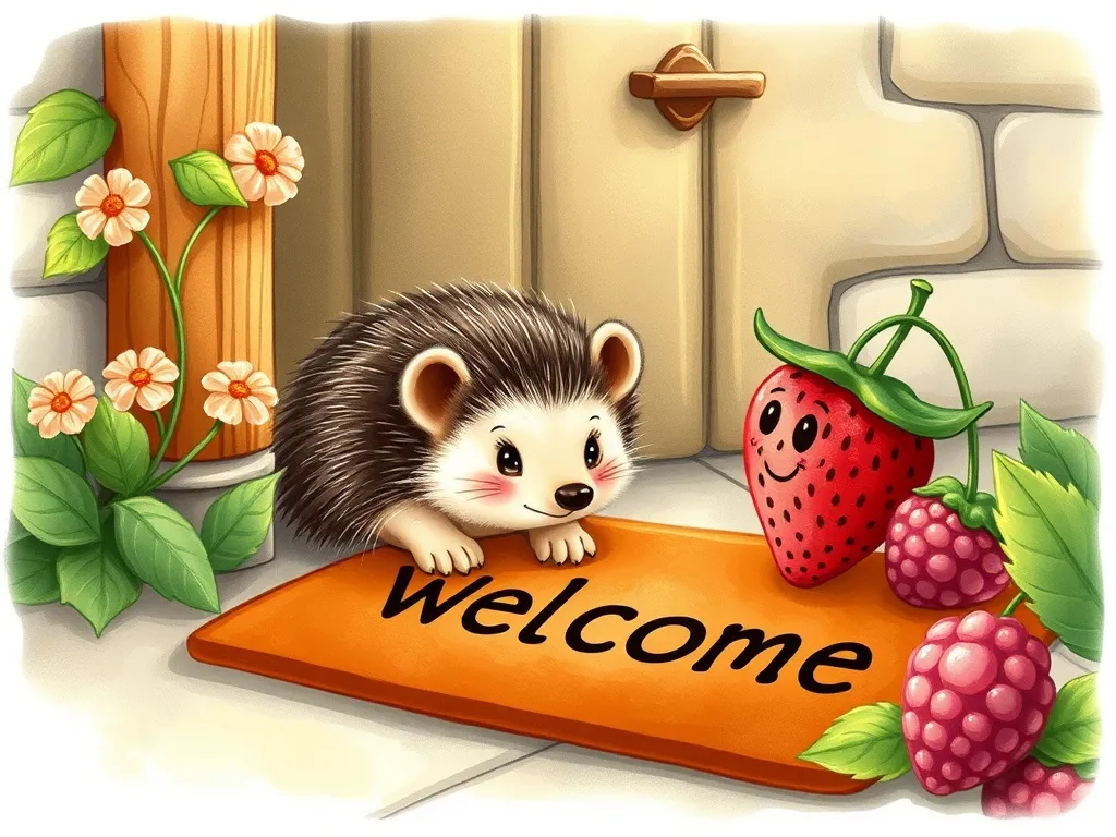 The Bear Who Baked Too Much: A Tale of Tiny Friendship - Small hedgehog peering shyly from behind welcome mat while Berry watches thoughtfully