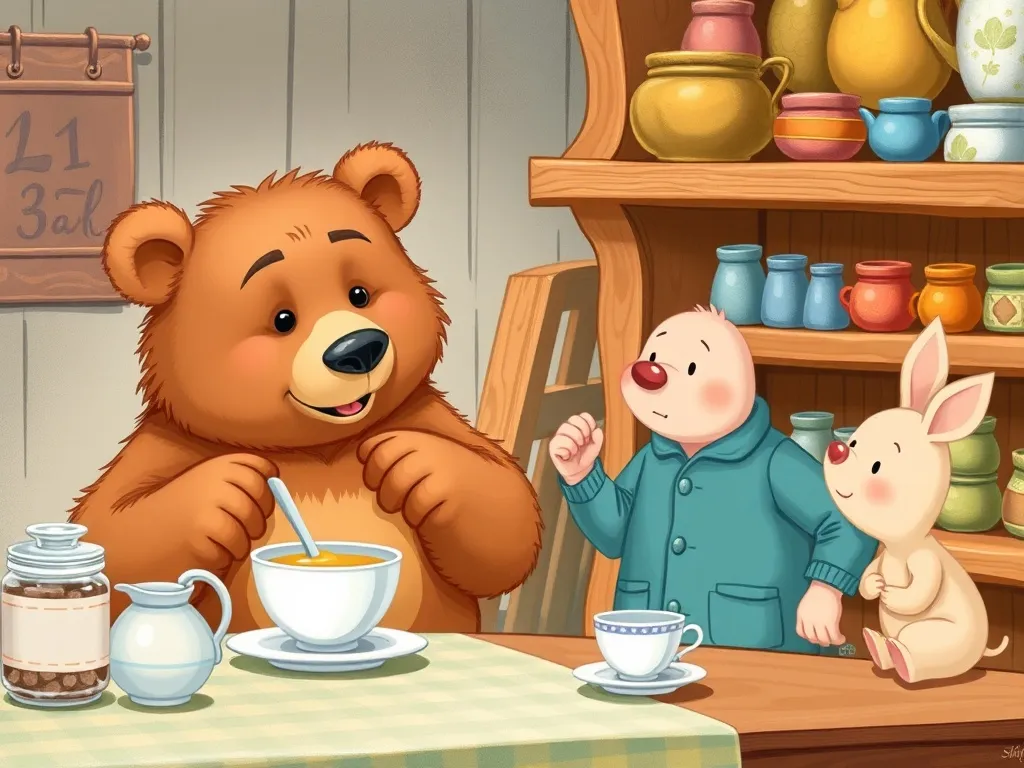 The Bear Who Baked Too Much: A Tale of Tiny Friendship - Bear carefully measuring ingredients in teacups while Pip observes from a nearby shelf