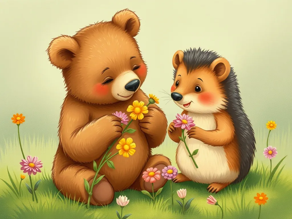 The Bear Who Baked Too Much: A Tale of Tiny Friendship - Bear and hedgehog examining pressed flowers together, sharing excited expressions