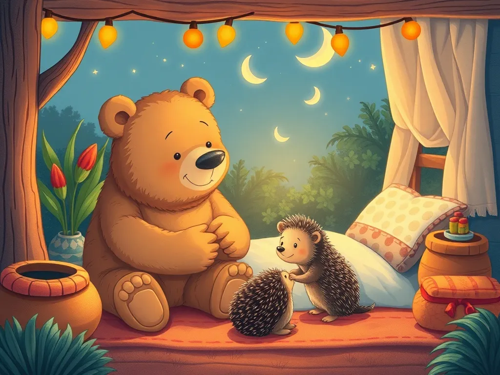 The Bear Who Baked Too Much: A Tale of Tiny Friendship - Cozy evening scene showing bear and hedgehog's perfectly adapted shared space