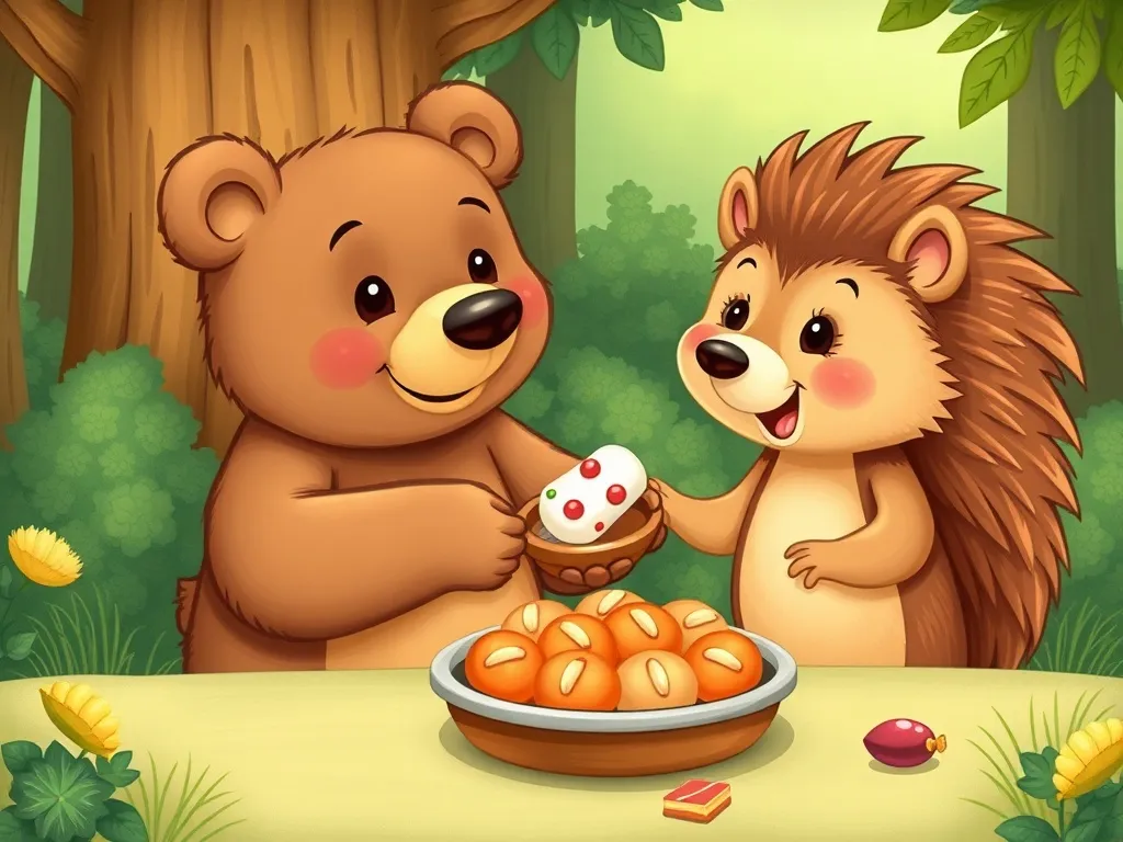The Bear Who Baked Too Much: A Tale of Tiny Friendship - Bear and hedgehog serving treats together to smiling forest creatures