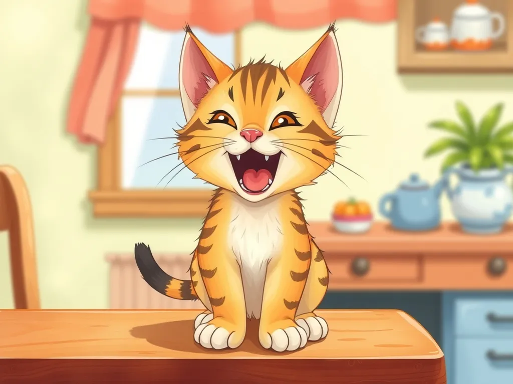 The Blue Bowl Promise - Small kitten standing on table with mouth wide open in determined yowl