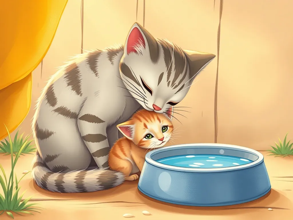 The Blue Bowl Promise - Mama cat nuzzling small kitten beside water bowl in golden light