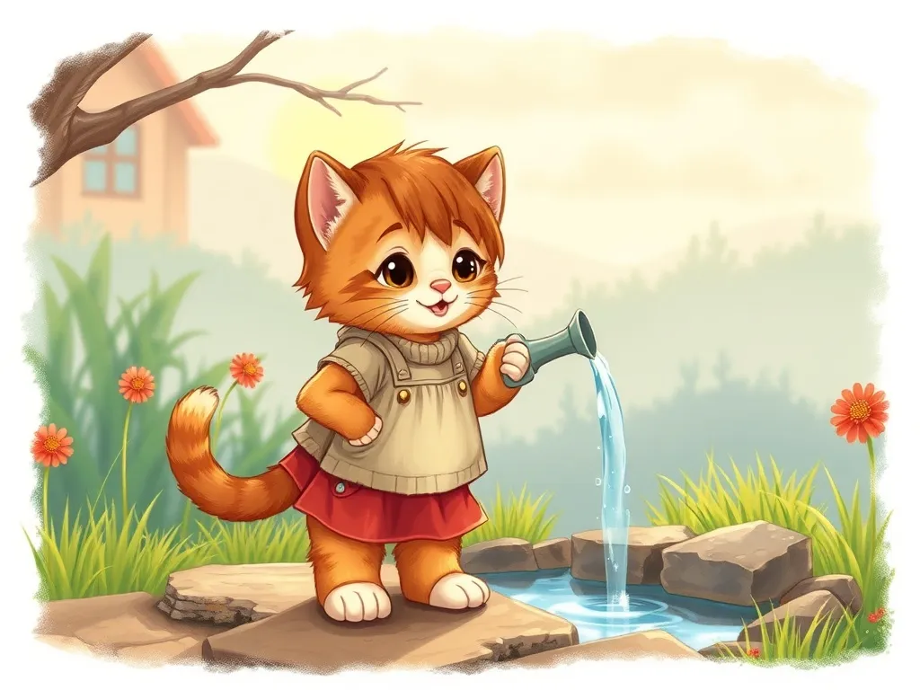 The Blue Bowl Promise - Kitten standing proudly as girl pours water in early dawn