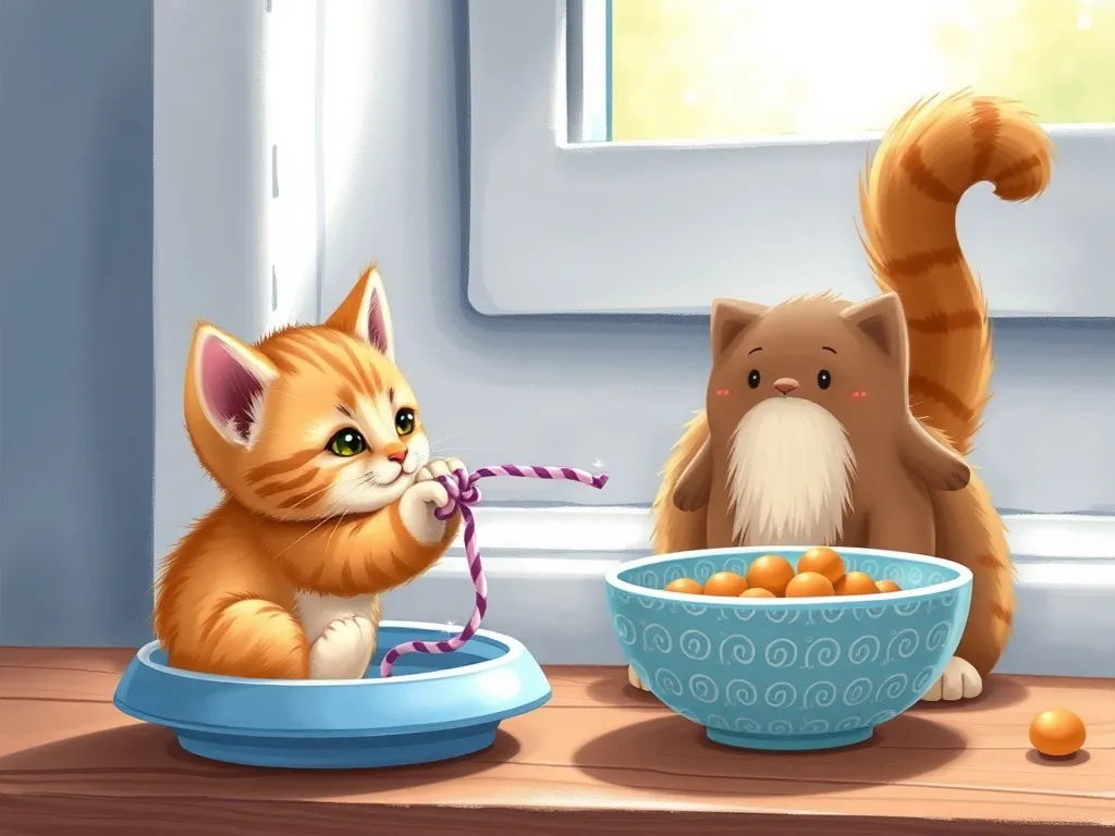 The Blue Bowl Promise - Kitten playing with twist tie while full bowl sits nearby, mama cat watching from sunny windowsill