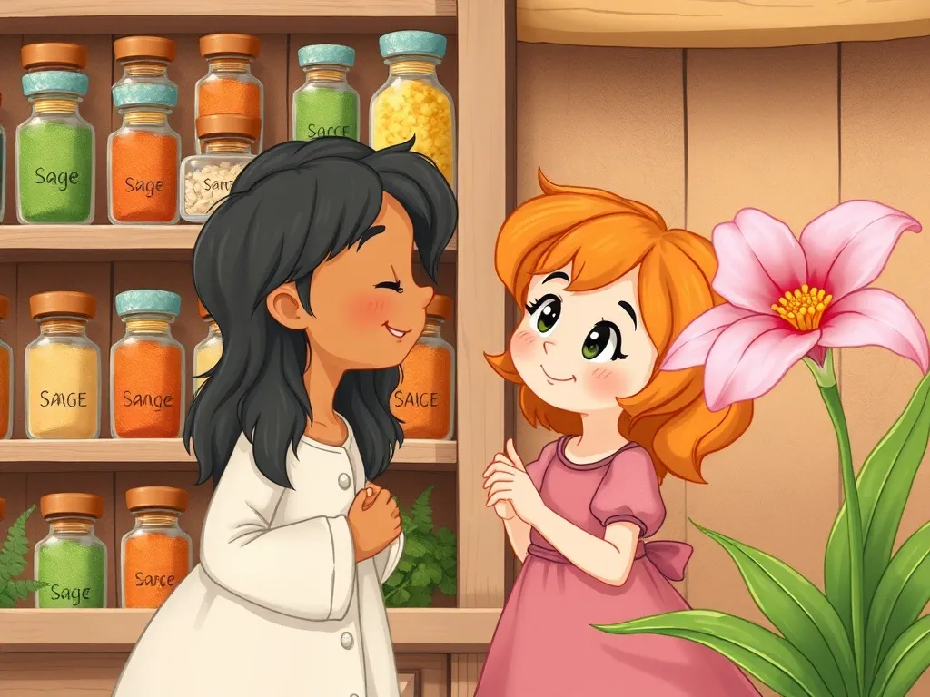 The Brave Little Baker's Helper - Sage and Lily sharing moment by spice shelf