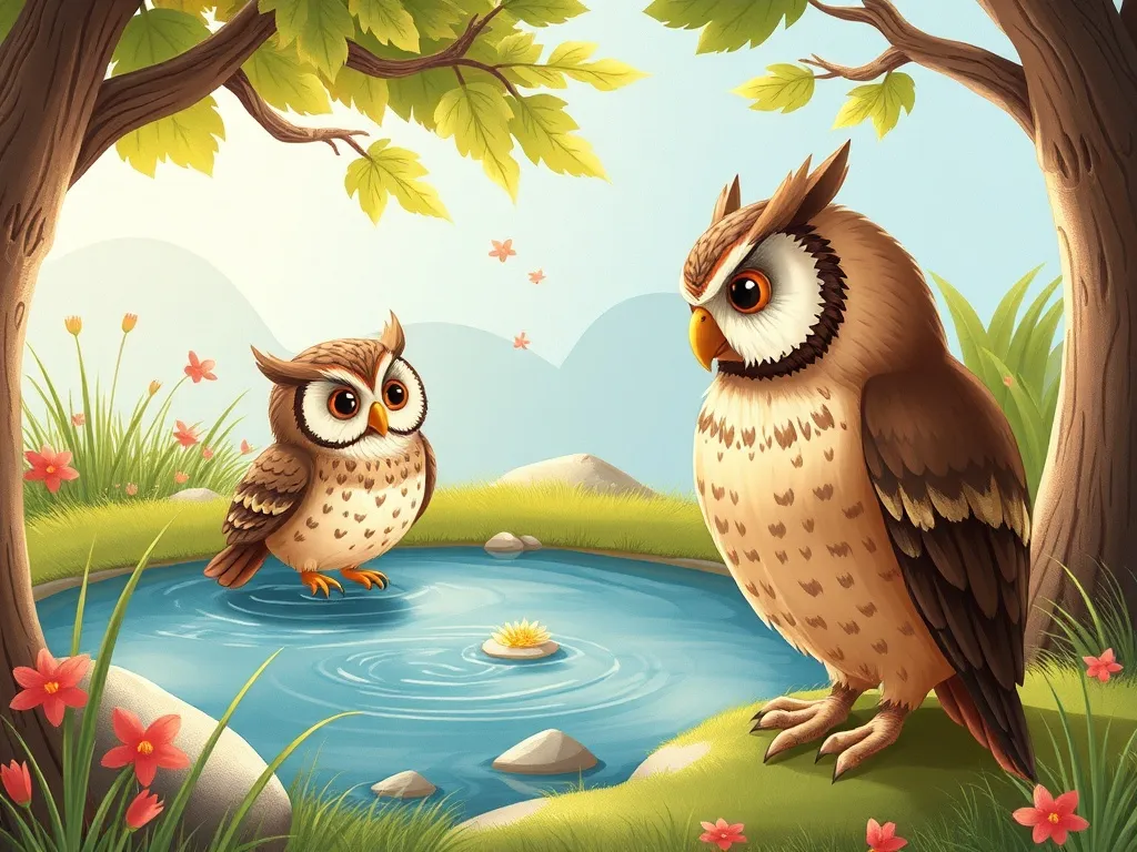 The Brave Little Explorer's Dozen Friends - Tommy and Oliver Owl talking by pond
