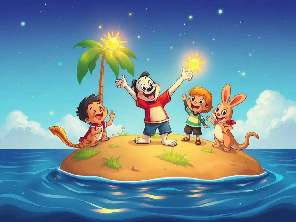 The Brave Little Explorer's Dozen Friends - Tommy celebrating with friends on island