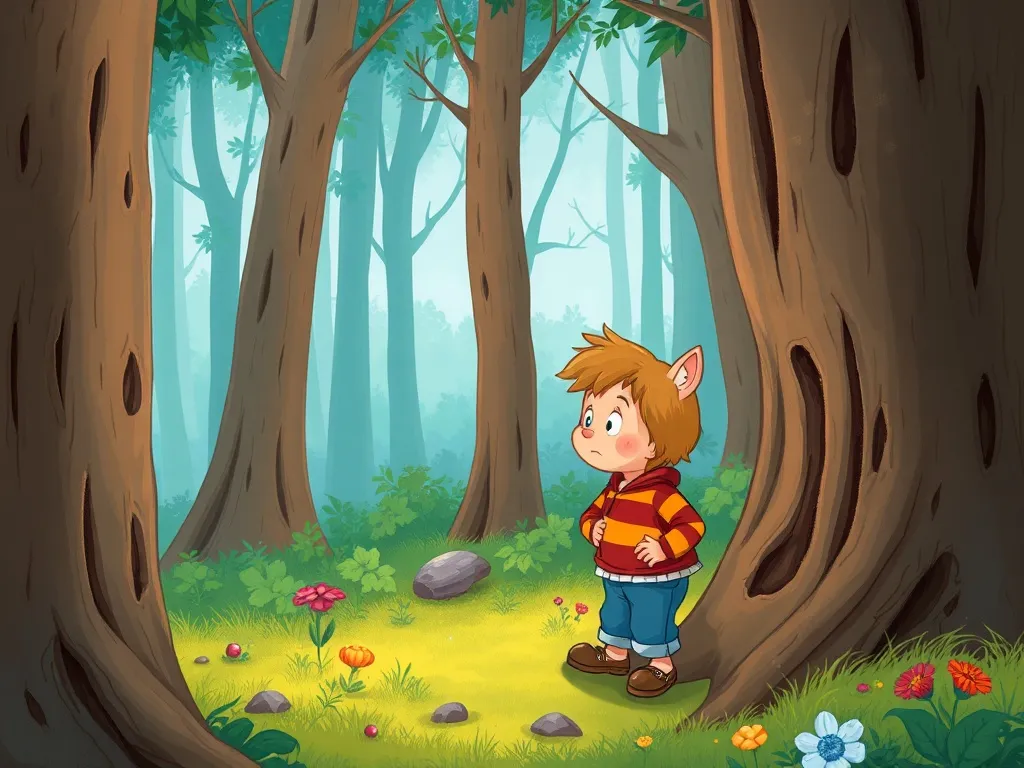 The Brave Little Explorer's Garden Adventure - Tommy peering nervously into Whispering Woods