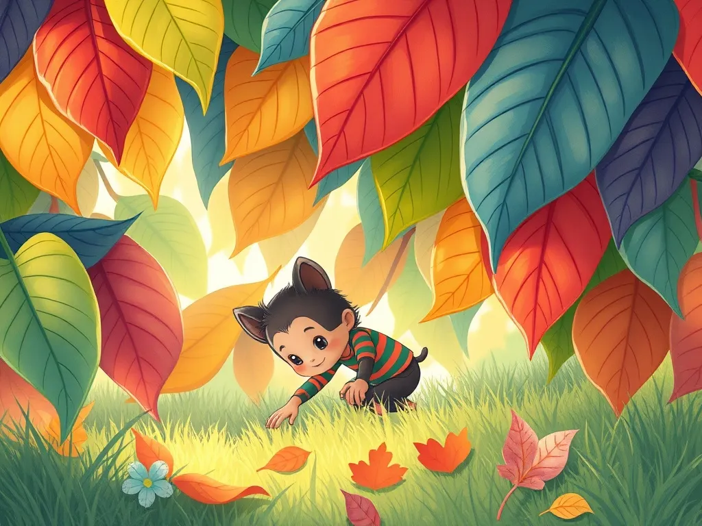 The Brave Little Explorer's Garden Adventure - Tommy searching beneath giant colorful leaves