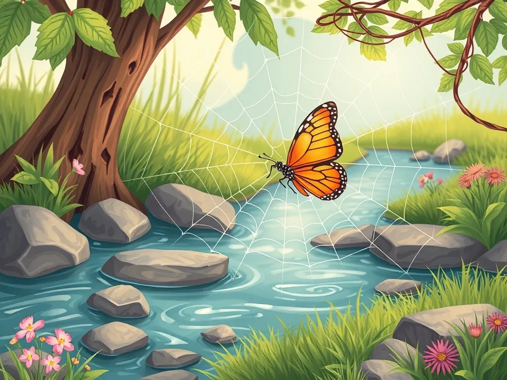 The Brave Little Explorer's Garden Adventure - Butterfly caught in spider web beyond a mossy path