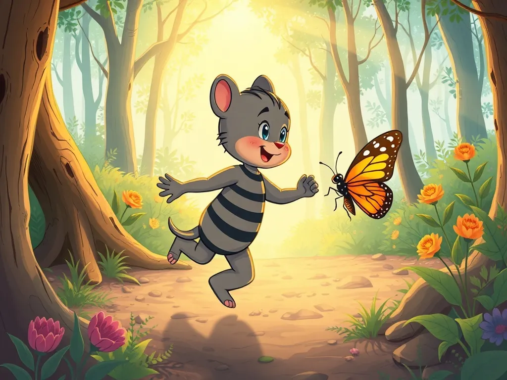 The Brave Little Explorer's Garden Adventure - Tommy and butterfly dancing through sunlit woods