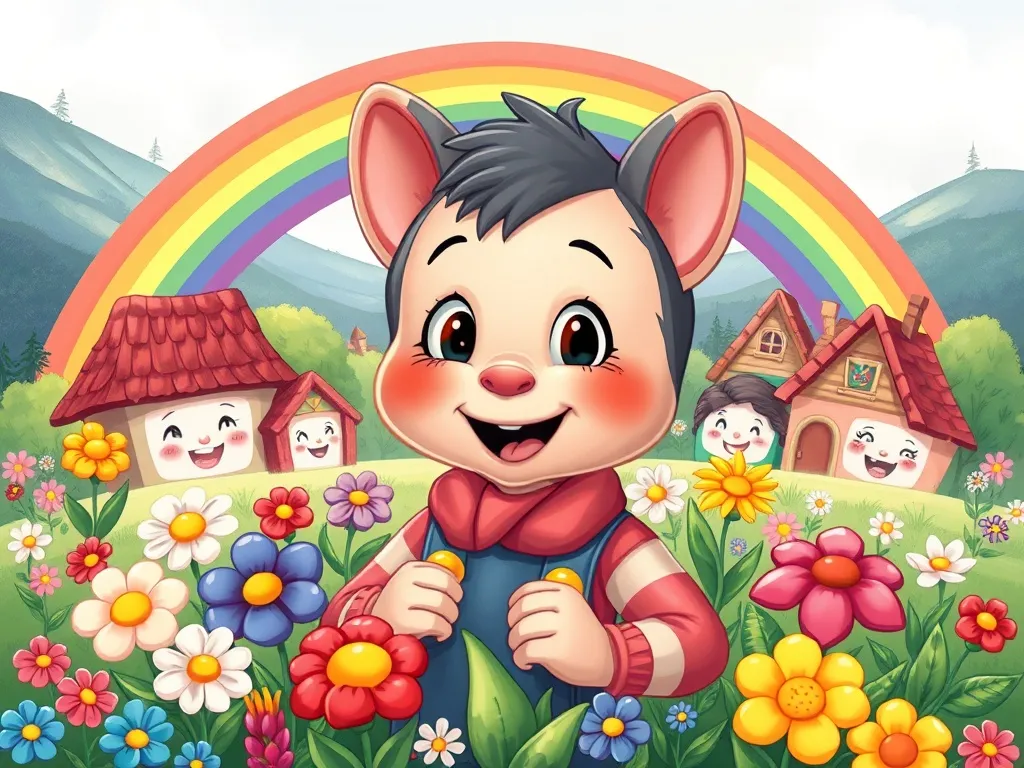 The Brave Little Explorer's Garden Adventure - Tommy surrounded by rainbow flowers and smiling villagers