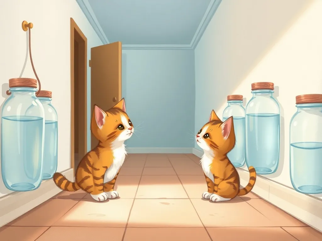 The Case of the Crackling Hallway - Two kittens meeting in empty hallway with water jars