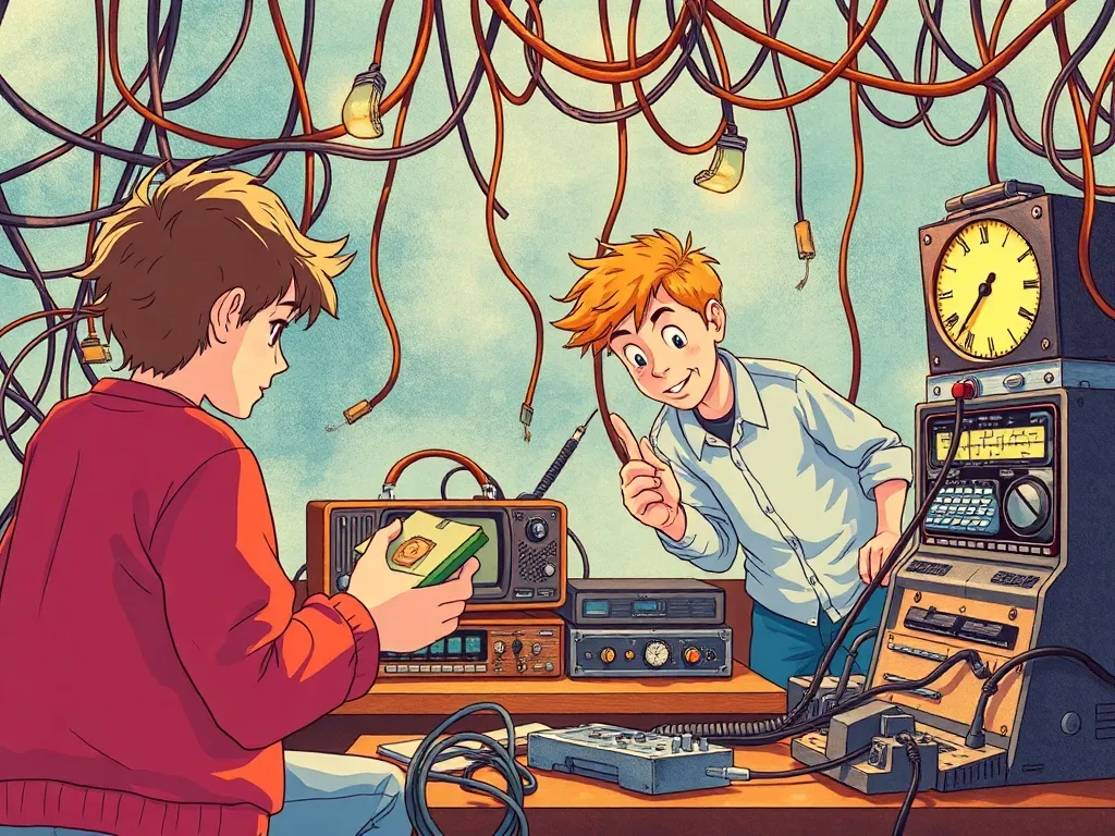 The Case of the Crackling Hallway - Adults examining tangled wires and mysterious radio equipment