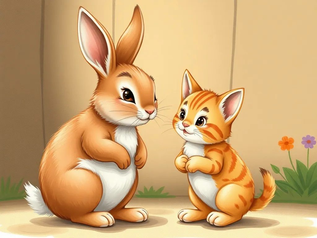 The Case of the Crackling Hallway - Young rabbit and kitten standing together facing principal