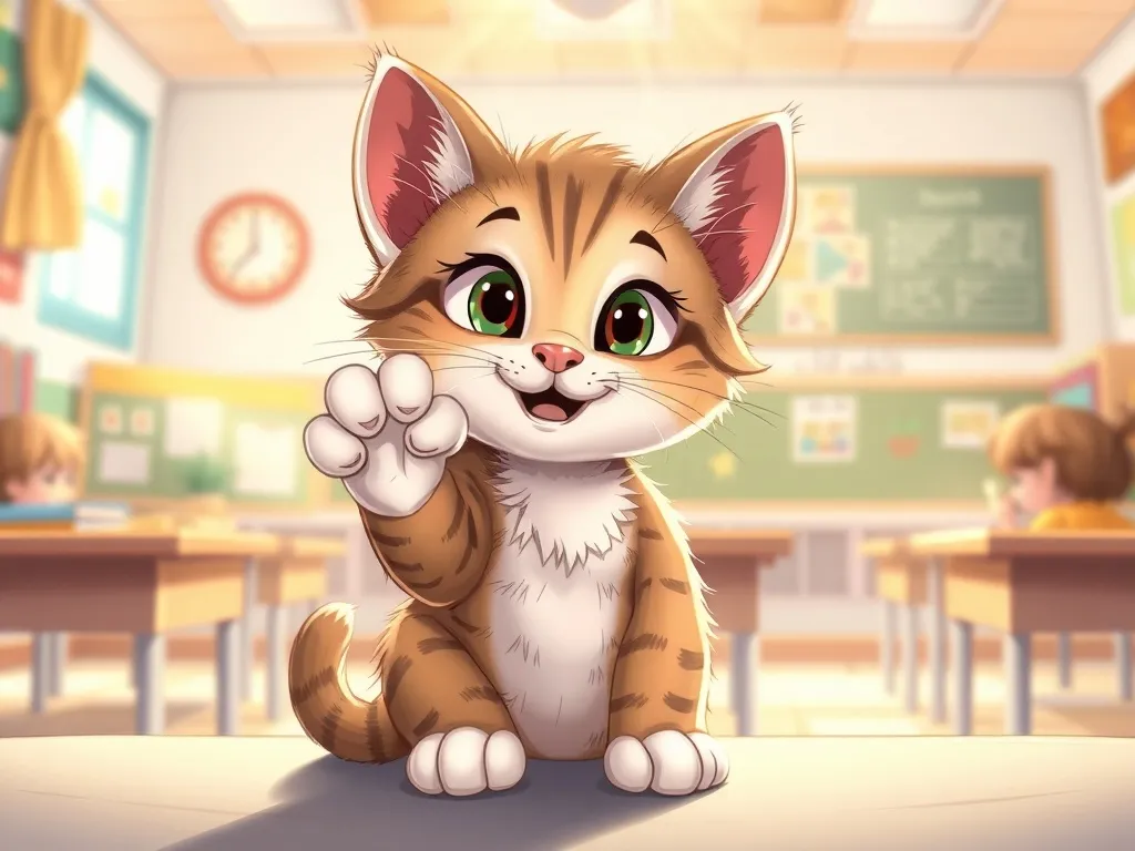 The Case of the Crackling Hallway - Kitten confidently raising paw in bright classroom