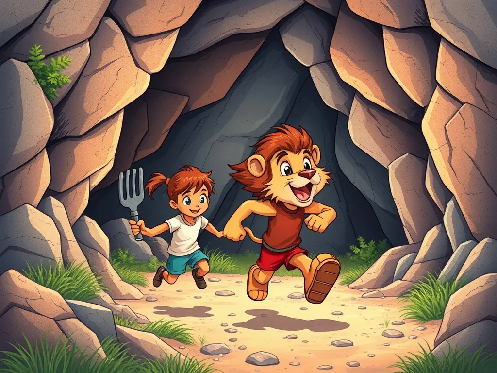 The Cave of Fair Shares - Kids rushing past Leo at the cave fork