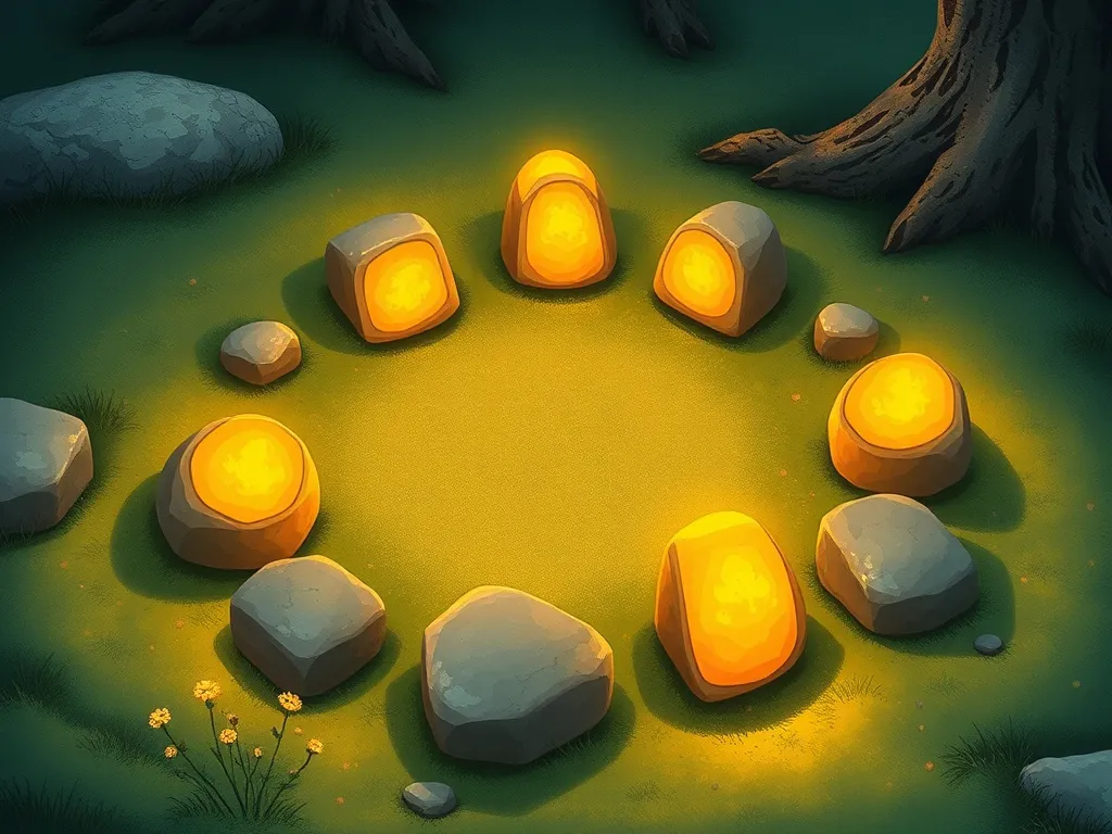 The Circle of Seven Stones - Seven glowing stones arranged in circle on mossy ground