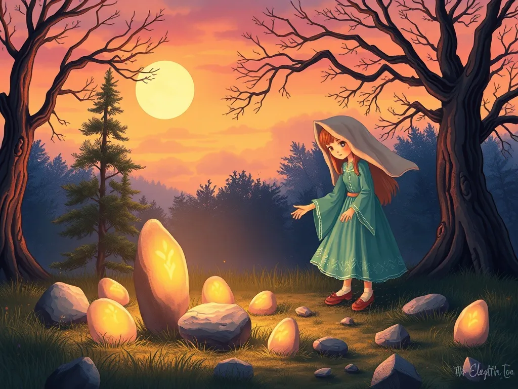 The Circle of Seven Stones - Celestia touching glowing stones in twilight clearing