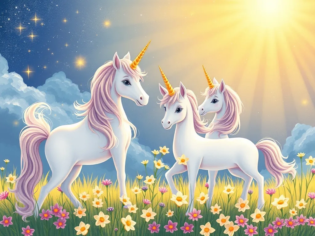 The Circle of Seven Stones - Celestia and young unicorns gathering starflowers together in sunshine