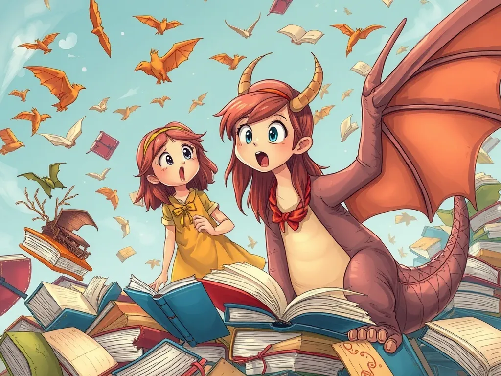 The Cloud Castle Chronicles: Emma & The Storm Dragon - Surprised Emma and disheveled dragon amid whirlwind of flying books