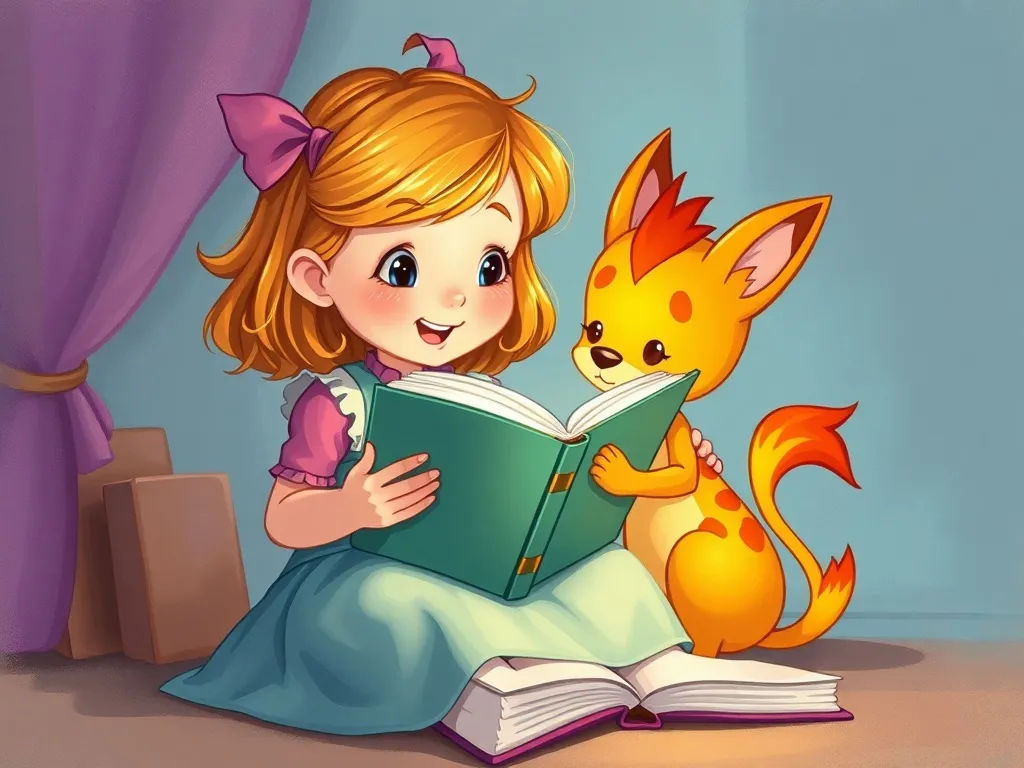 The Cloud Castle Chronicles: Emma & The Storm Dragon - Emma reading while Spark fidgets, knocking books with tail