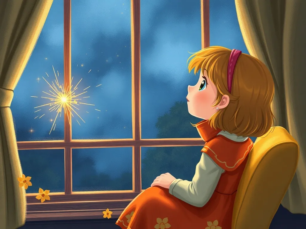 The Cloud Castle Chronicles: Emma & The Storm Dragon - Emma watching Spark fly away through storm-lit window