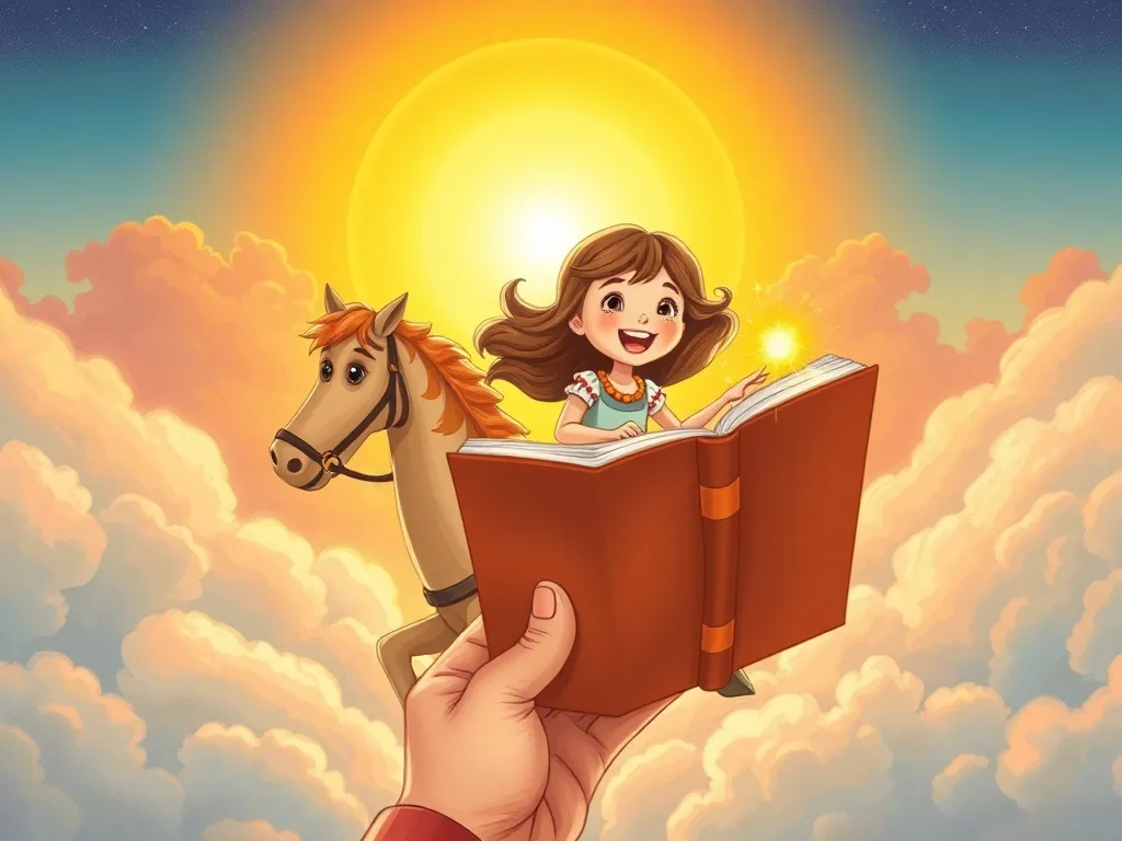 The Cloud Castle Chronicles: Emma & The Storm Dragon - Emma riding Spark through sunset clouds, book in hand, both laughing