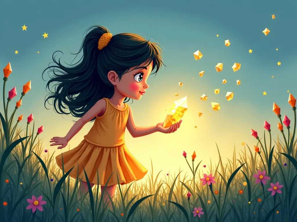 The Crystal Cave Symphony - Luna discovering mysterious crystal fragments in grass