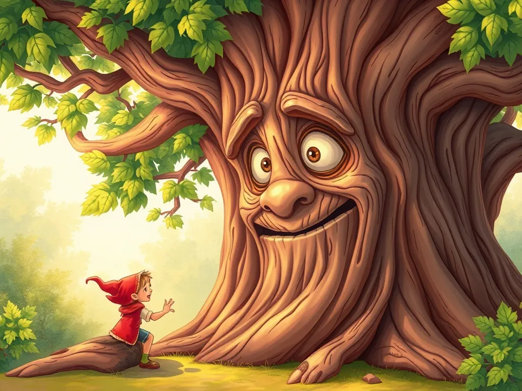 The Crystal Heart of Pipkin - Ancient tree with wise bark-face speaking to small elf