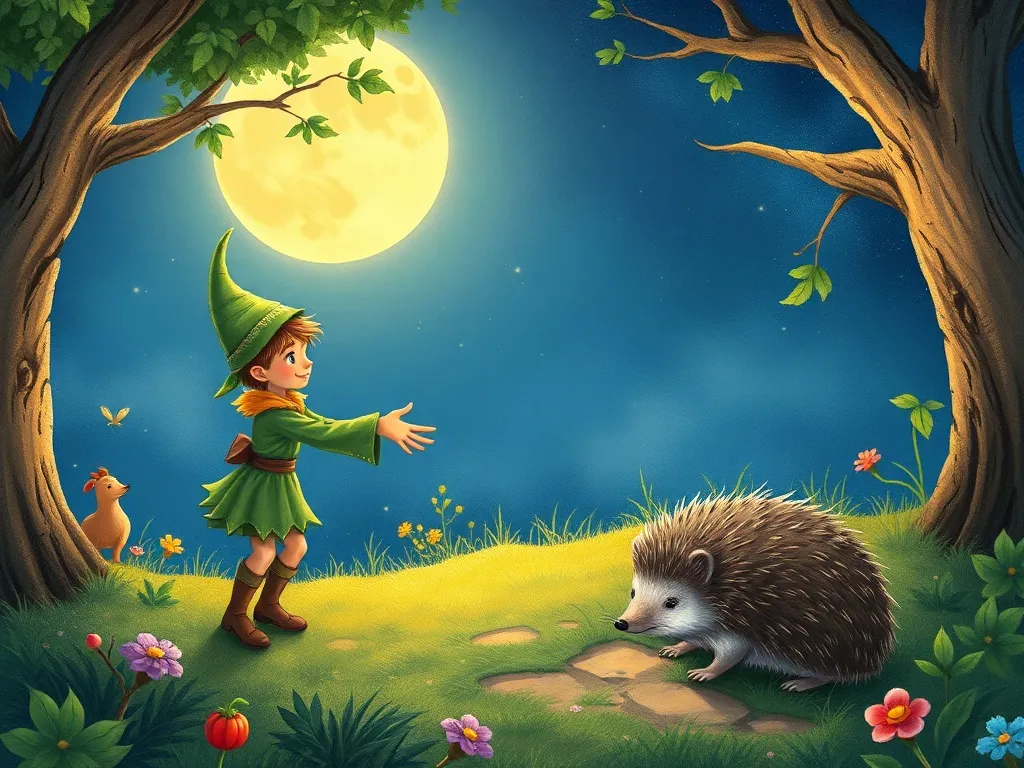 The Crystal Heart of Pipkin - Elf extending hand toward hedgehog in moonlit glade