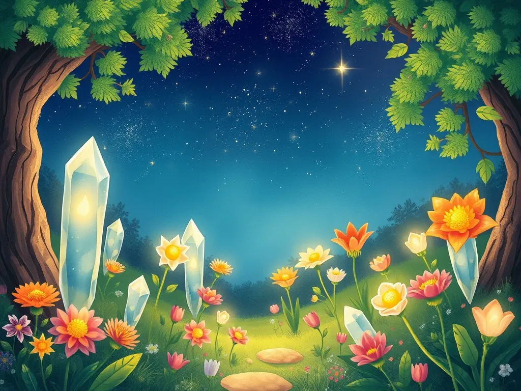 The Crystal Heart of Pipkin - Magical crystal flower garden glowing under stars