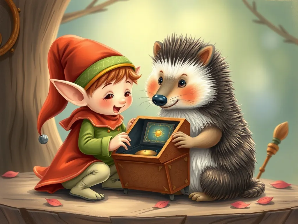 The Crystal Heart of Pipkin - Elf and hedgehog holding mended music box together