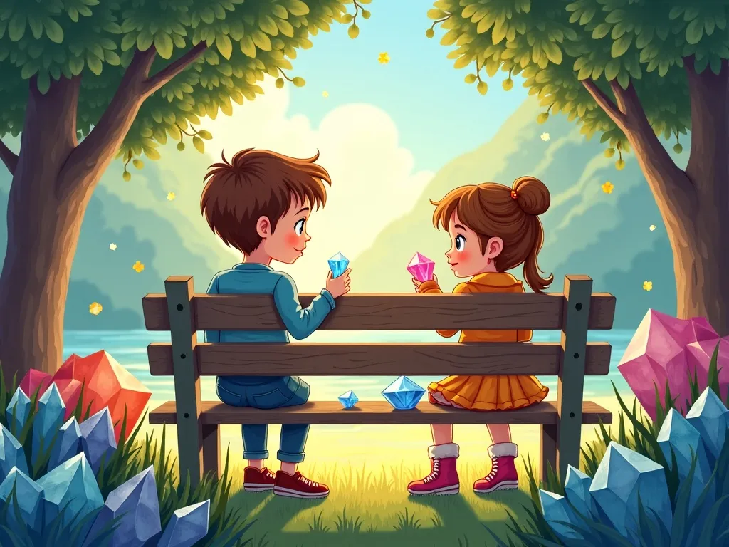 The Crystal Inventor's Park Adventure - Kids admiring crystals while resting on park bench