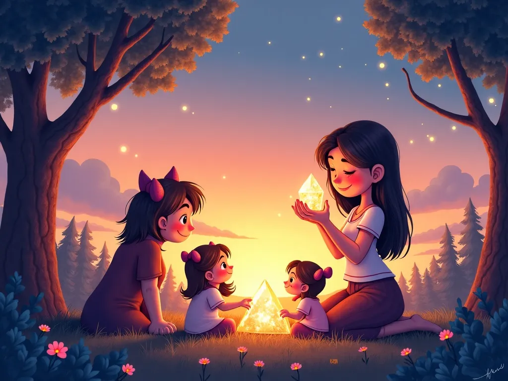 The Crystal Inventor's Park Adventure - Luna and friends sharing crystal stories at sunset