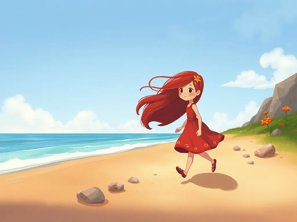 The Curious Fox's Beach Day Adventure - Ruby walking thoughtfully along the shoreline