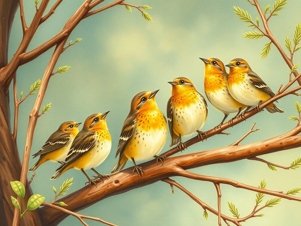 The Curious Fox's Three Questions - Seven prairie-larks singing on branches, Rusty hiding