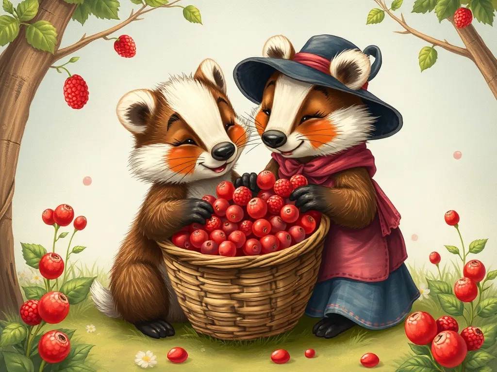 The Curious Fox's Three Questions - Rusty and Mrs. Badger sharing the berry basket